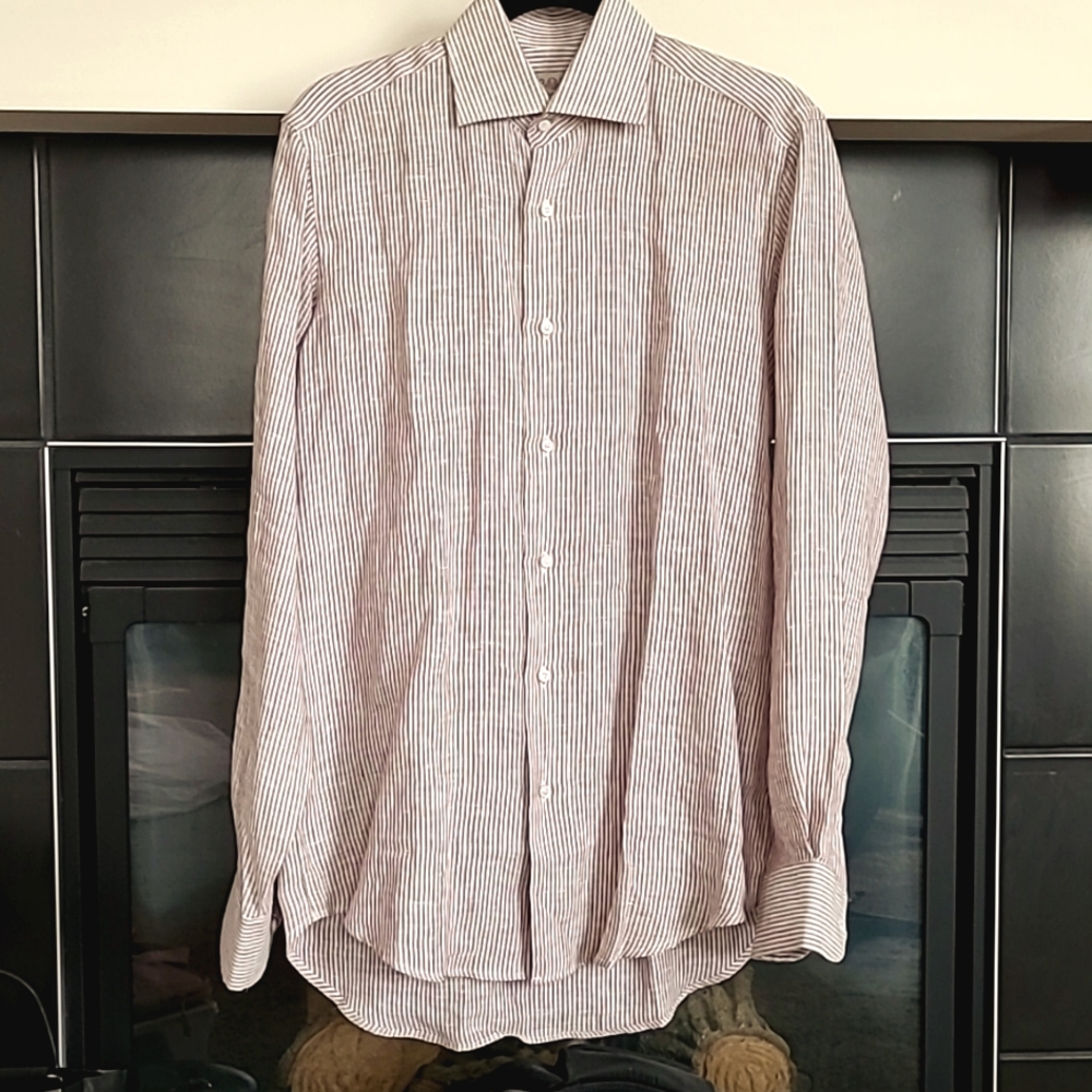 Luciano Barbera Made in Italy White Pink Stripes 100% Linen Dress Shirt, Size S